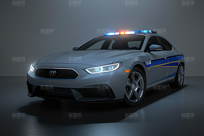 蓝色警车在逆光视角下的美丽