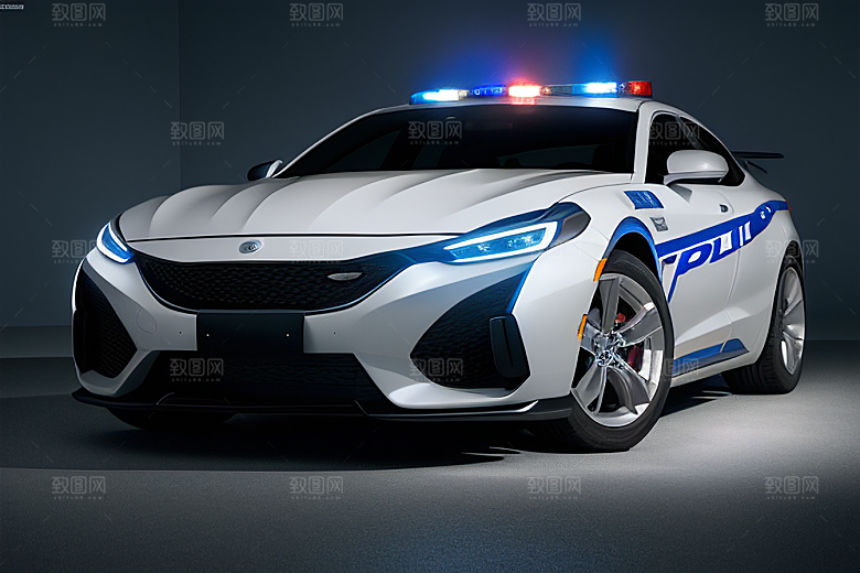 蓝色警车在逆光视角下的美丽