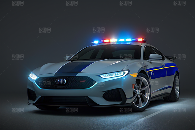 蓝色警车在逆光视角下的美丽