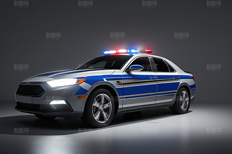 蓝色警车在逆光视角下的美丽