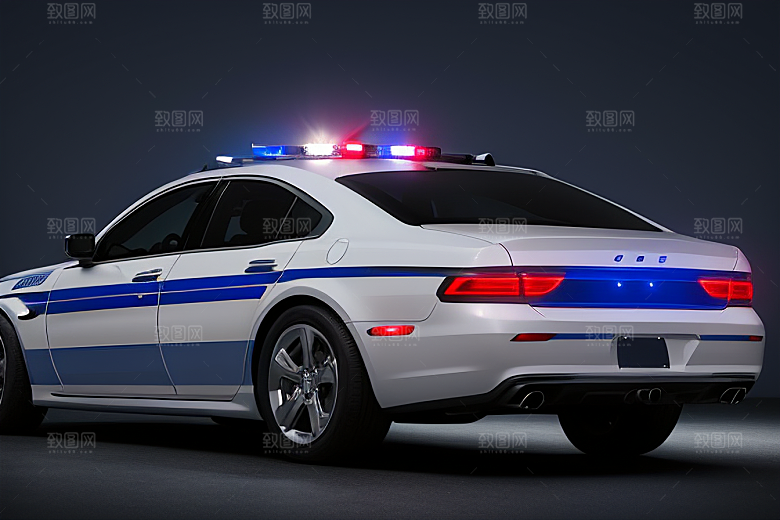 蓝色警车在逆光视角下的美丽