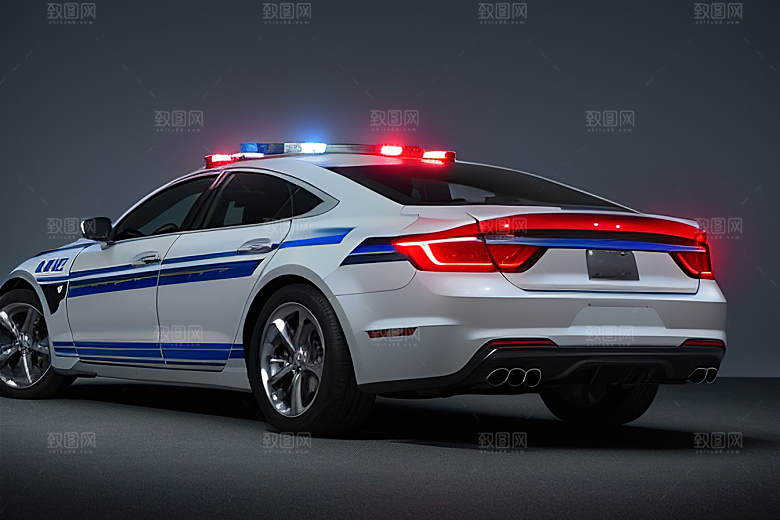 蓝色警车在逆光视角下的美丽