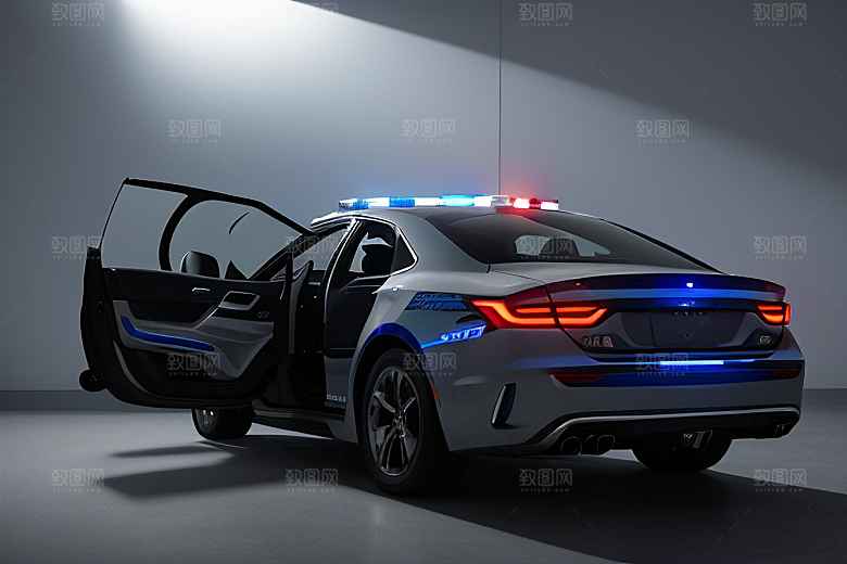 逆光视角下的蓝色警车