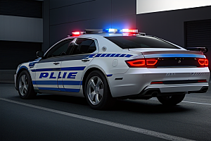 逆光视角下的蓝色警车