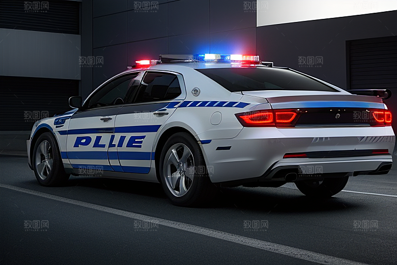 逆光视角下的蓝色警车