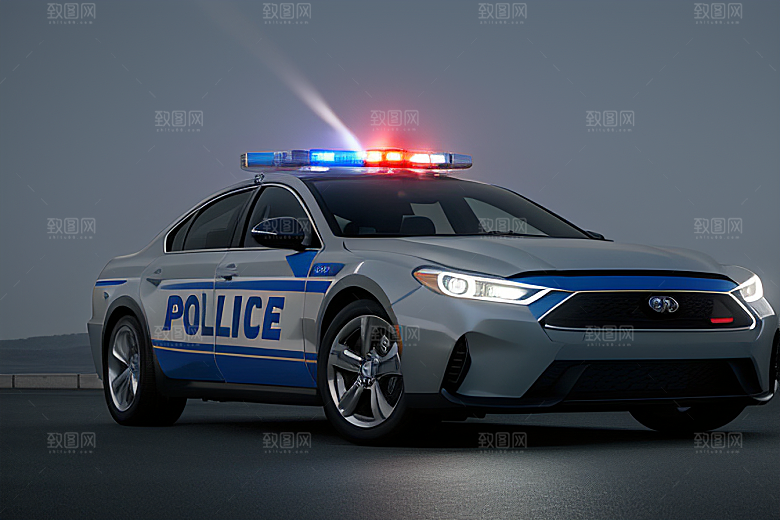 逆光视角下的蓝色警车