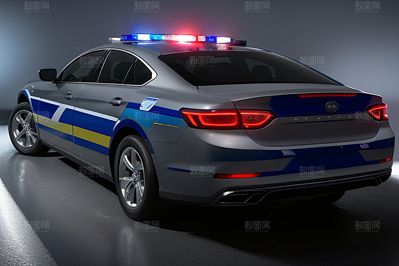 逆光视角下的蓝色警车