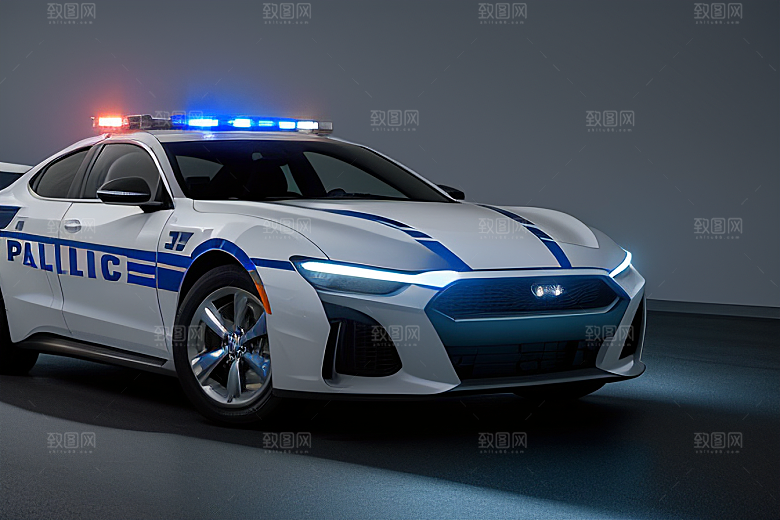 蓝色警车在逆光视角下的魅力
