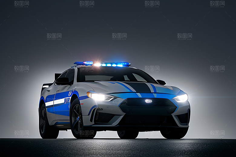 蓝色警车在逆光视角下的魅力