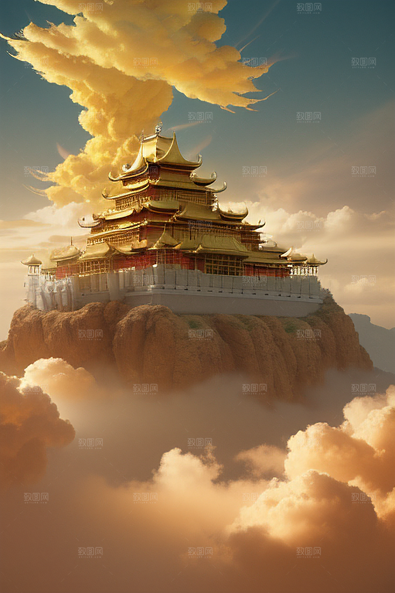 黄金宫殿超逼真高清金龙悬浮天际