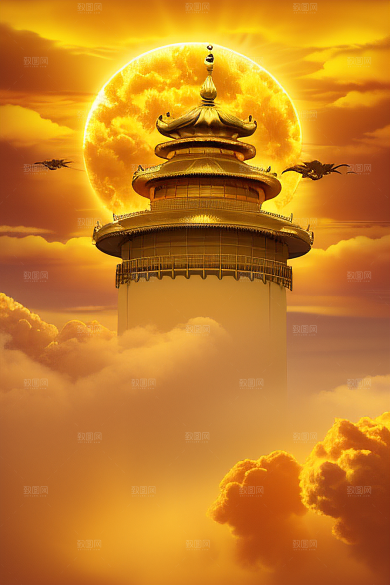 黄金宫殿超逼真高清金龙悬浮天际