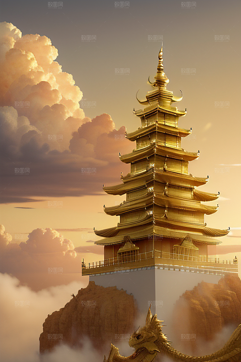 黄金宫殿超逼真高清金龙悬浮天际