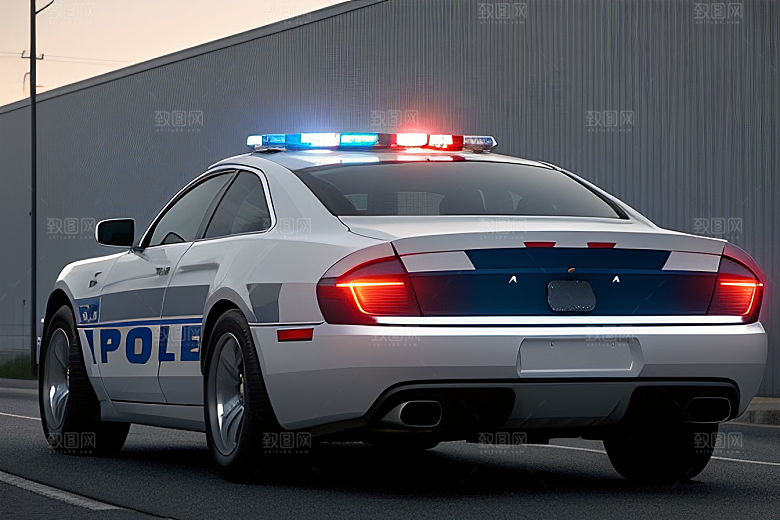蓝色警车在逆光视角下的魅力