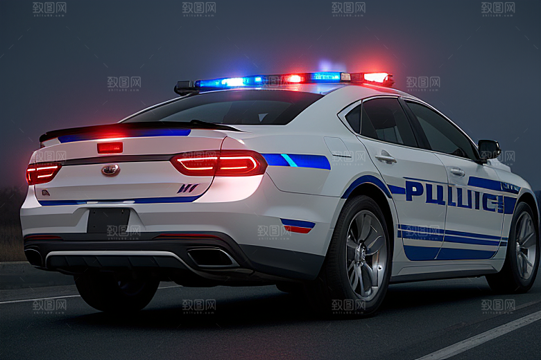 逆光视角里的蓝色警车