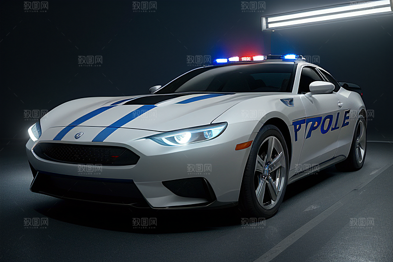 逆光视角里的蓝色警车