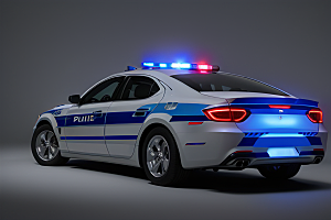 逆光视角里的蓝色警车