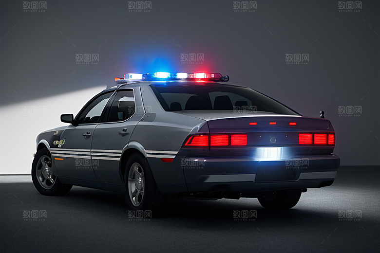 逆光视角里的蓝色警车