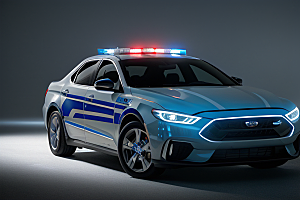 逆光视角里的蓝色警车