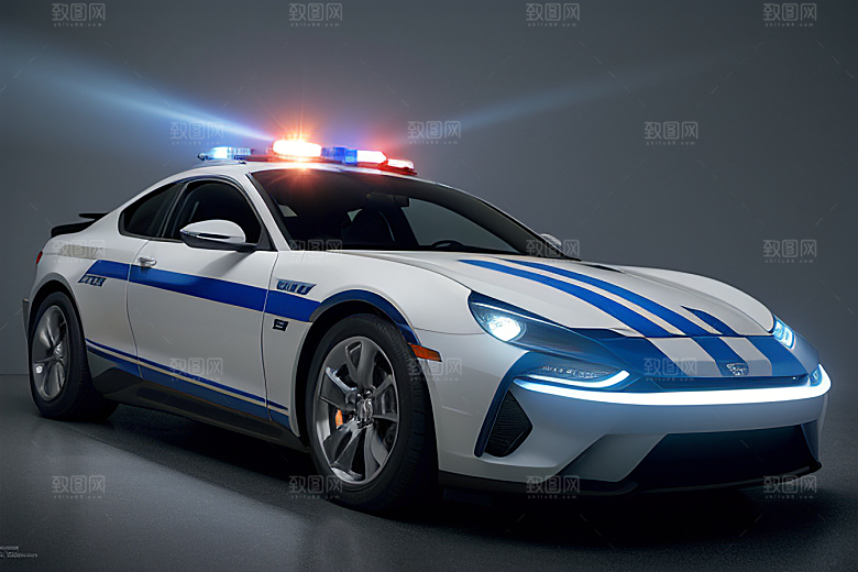 逆光视角里的蓝色警车