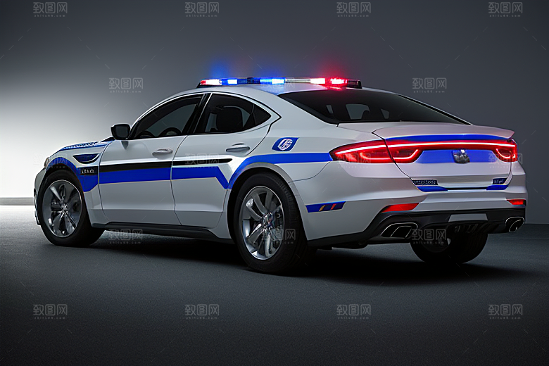 逆光视角里的蓝色警车