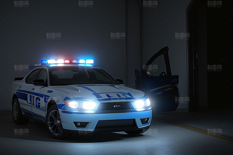 逆光视角里的蓝色警车