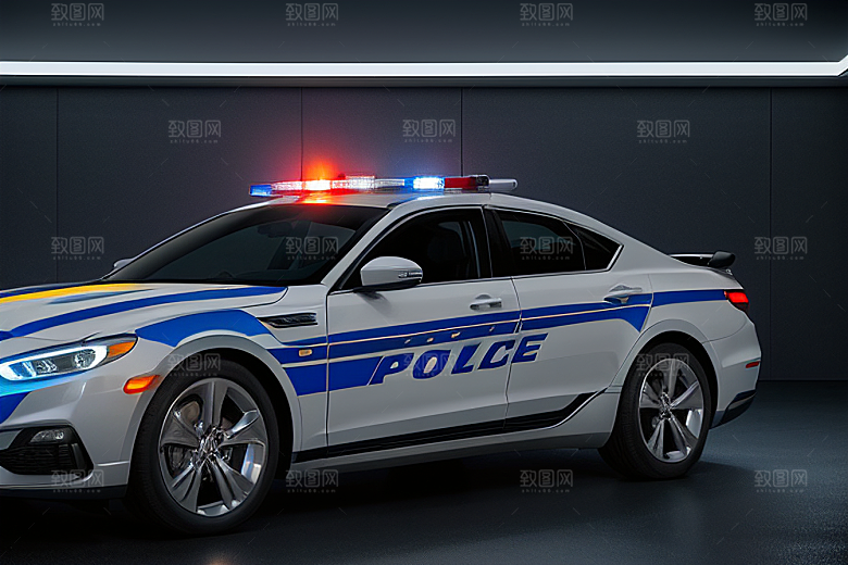 警车在逆光视角下的蓝色魅力