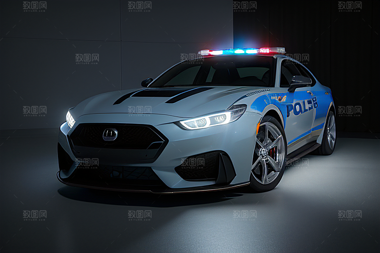 警车在逆光视角下的蓝色魅力