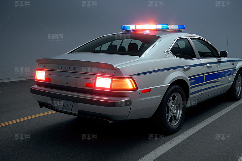 警车在逆光视角下的蓝色魅力