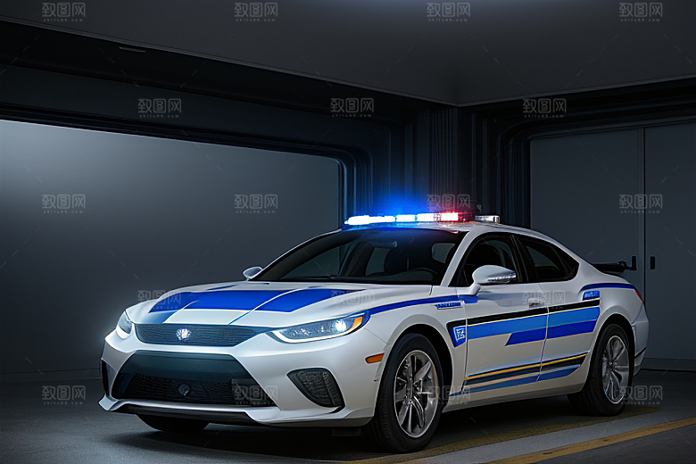 警车在逆光视角下的蓝色魅力