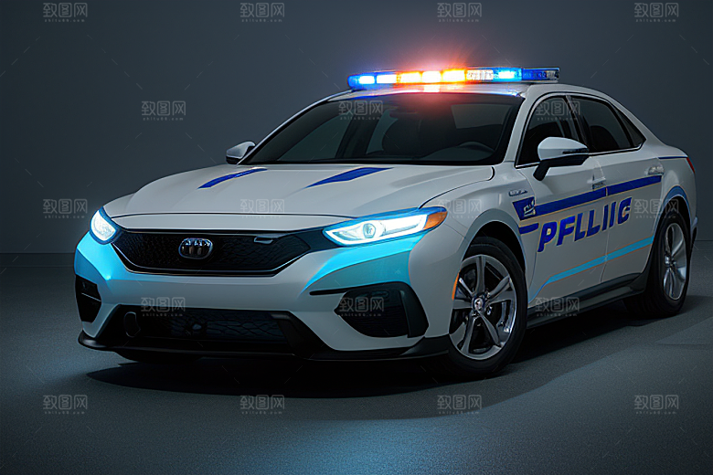 警车在逆光视角下的蓝色魅力