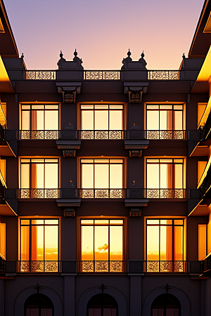 奢华六层宫殿宽大窗户与阳台夕阳余晖