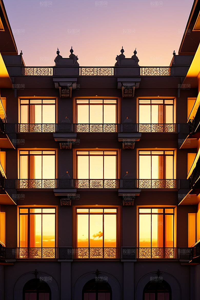 奢华六层宫殿宽大窗户与阳台夕阳余晖