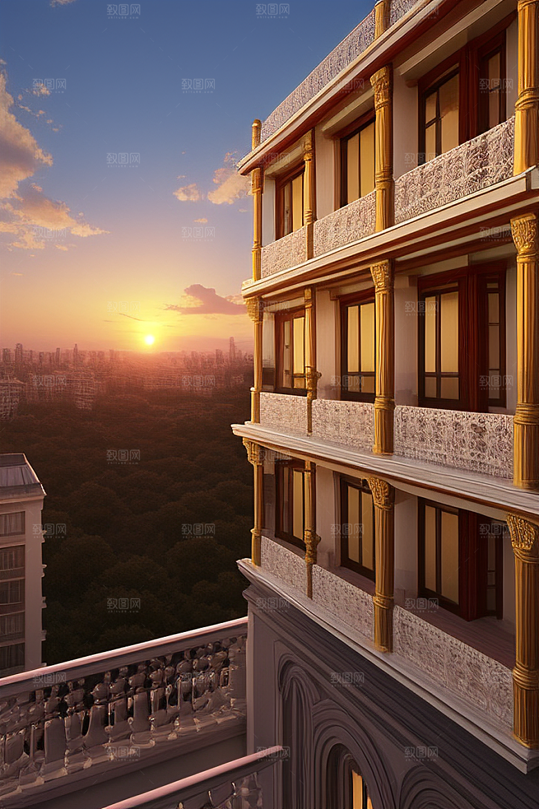 奢华六层宫殿宽大窗户与阳台夕阳余晖