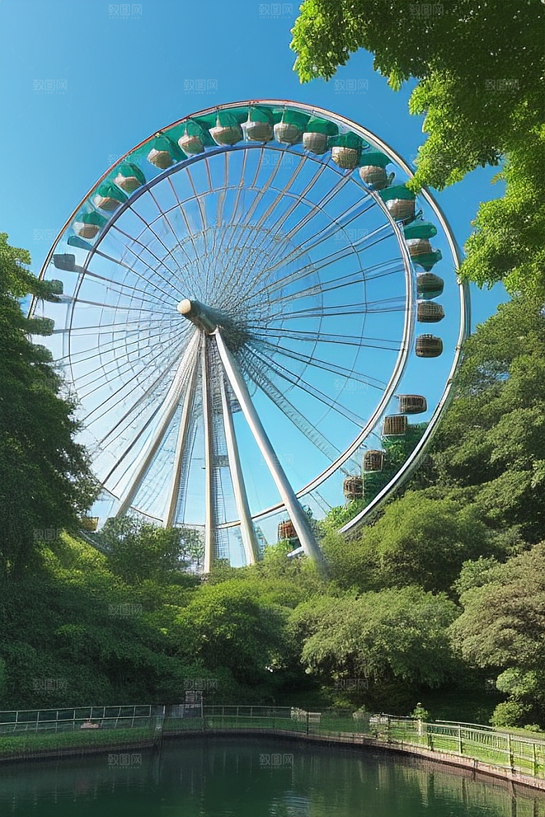 大树下仰望摩天轮的天空