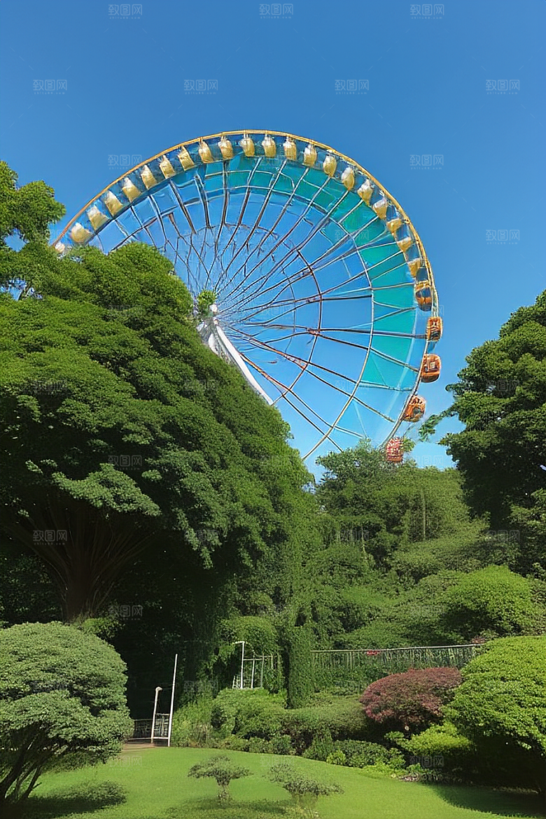大树下仰望摩天轮的天空