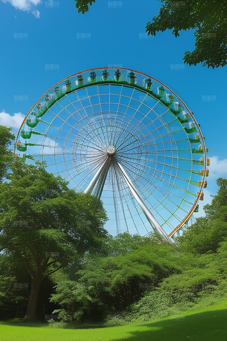 大树下仰望摩天轮的天空