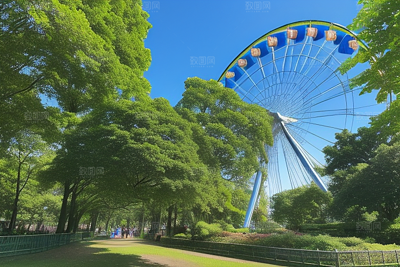蓝天大树下的浪漫摩天轮