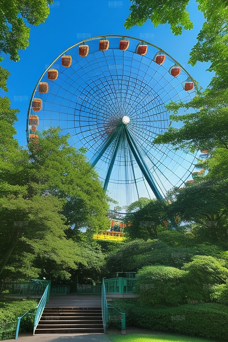 蓝天大树下的浪漫摩天轮