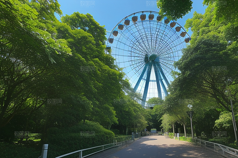 蓝天大树下的浪漫摩天轮