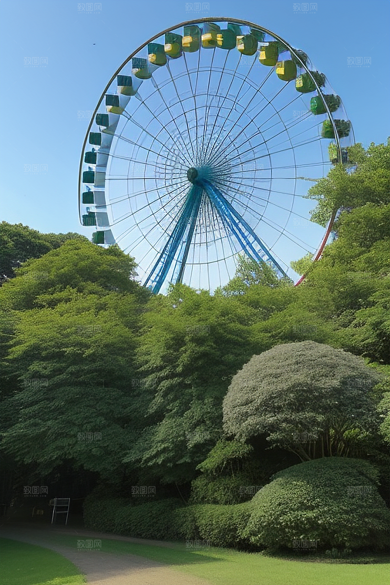蓝天大树下的浪漫摩天轮