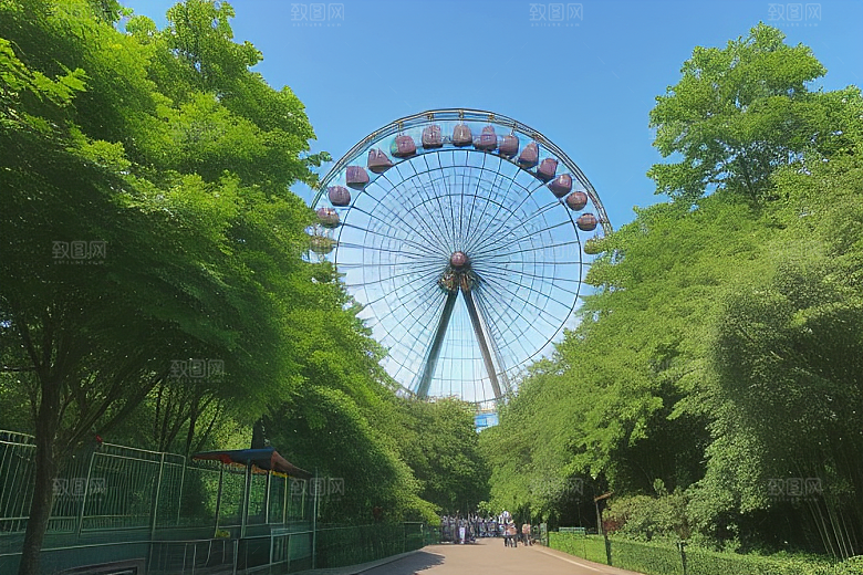 大树下摩天轮邀你共赏蓝天白云