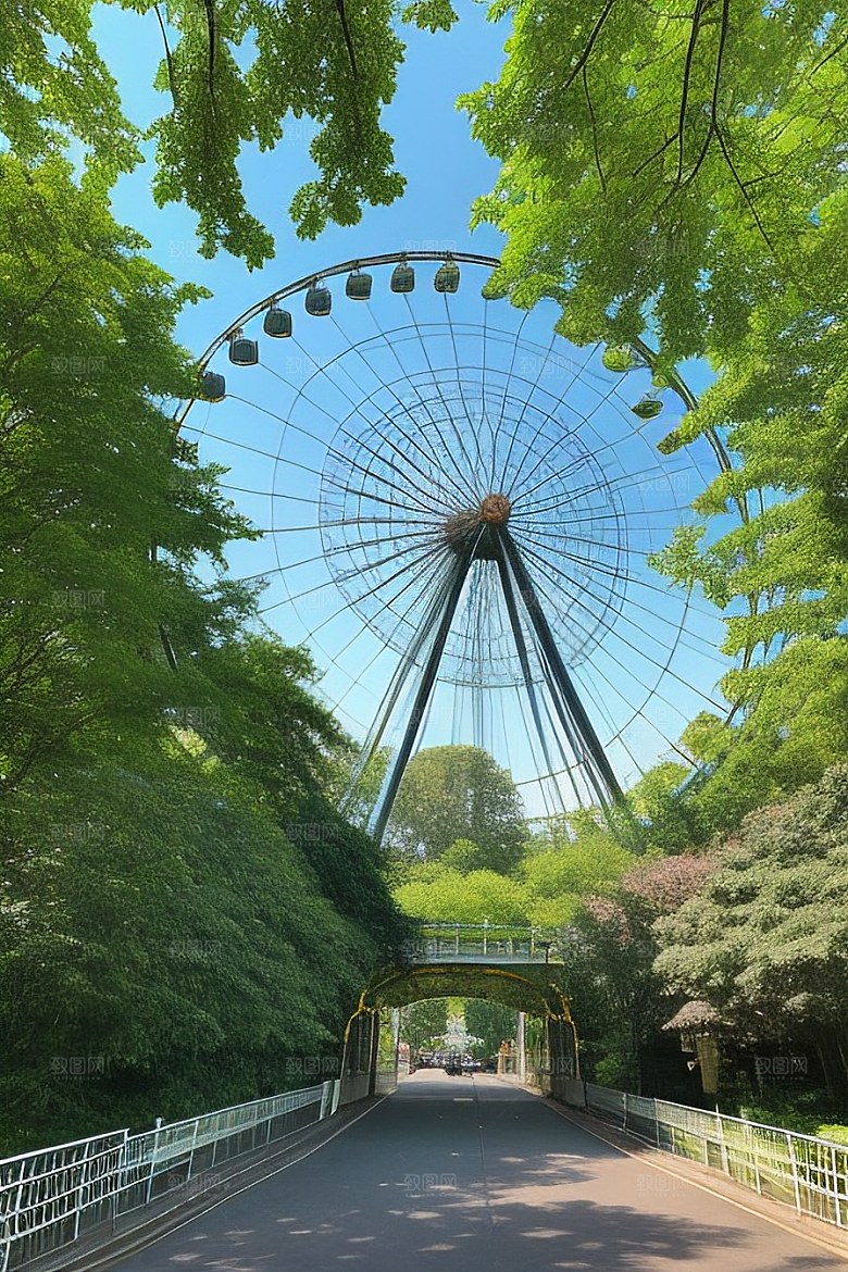 蓝天下的摩天轮与大树的甜蜜约定