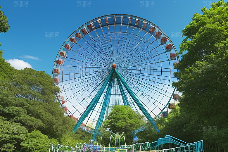 蓝天下的摩天轮与大树的甜蜜约定