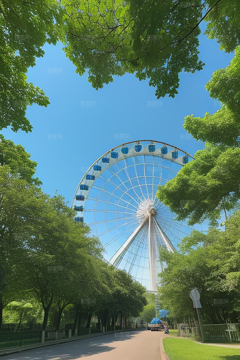 蓝天下的摩天轮与大树的甜蜜约定