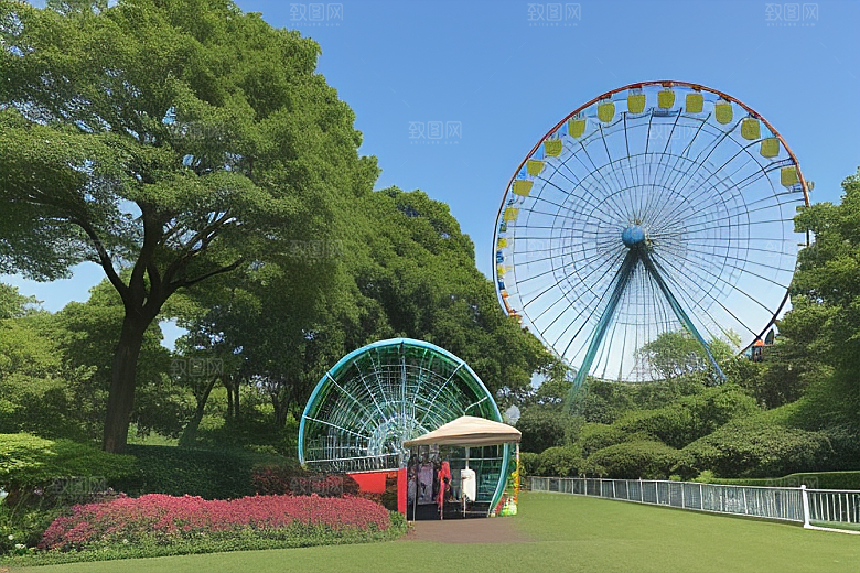 大树下仰望摩天轮的壮丽天空