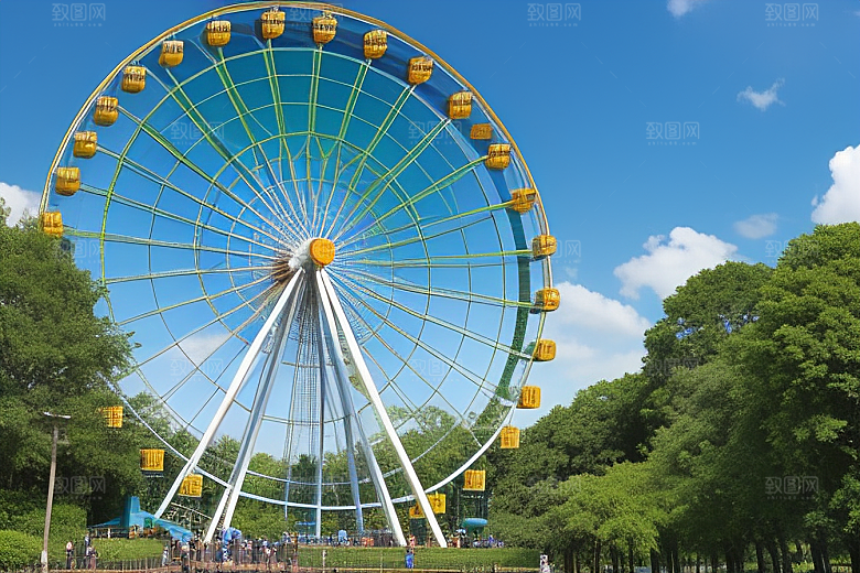 大树下仰望摩天轮的壮丽天空