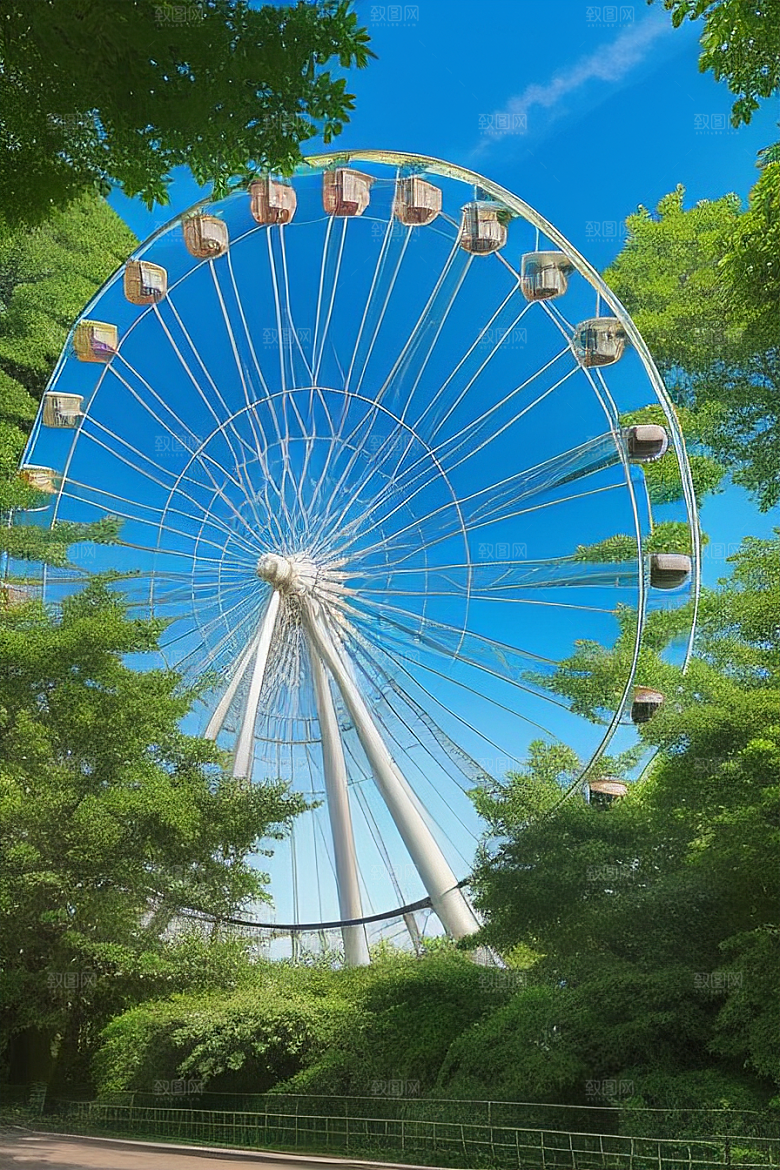 大树下仰望摩天轮的壮丽天空