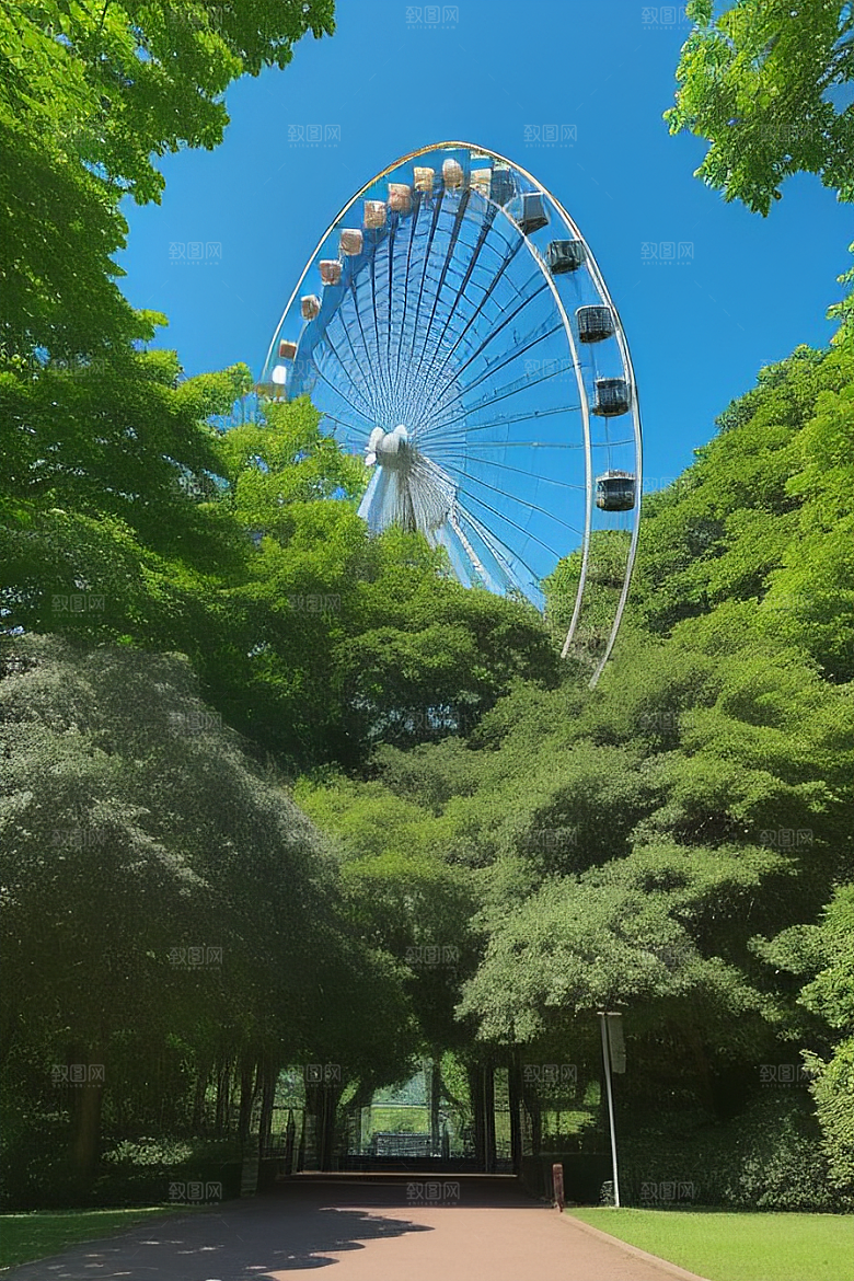 蓝天下的摩天轮与大树的约定