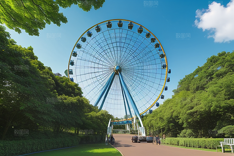 蓝天下的摩天轮与大树的约定