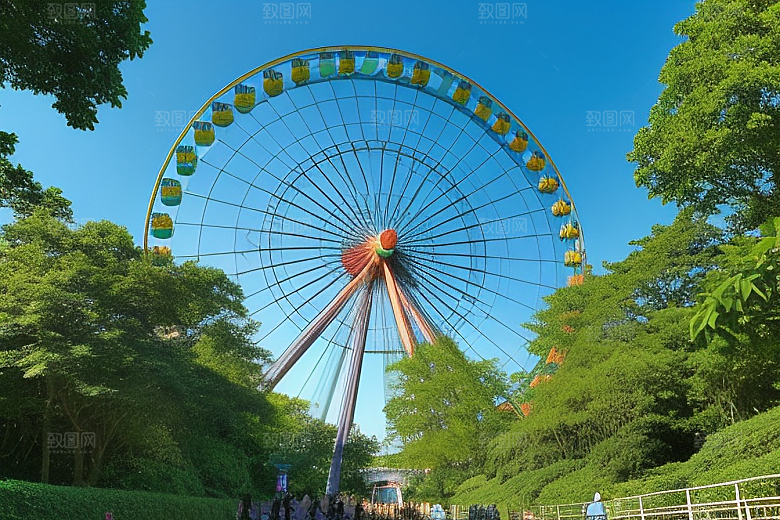 蓝天下的摩天轮与大树的约定